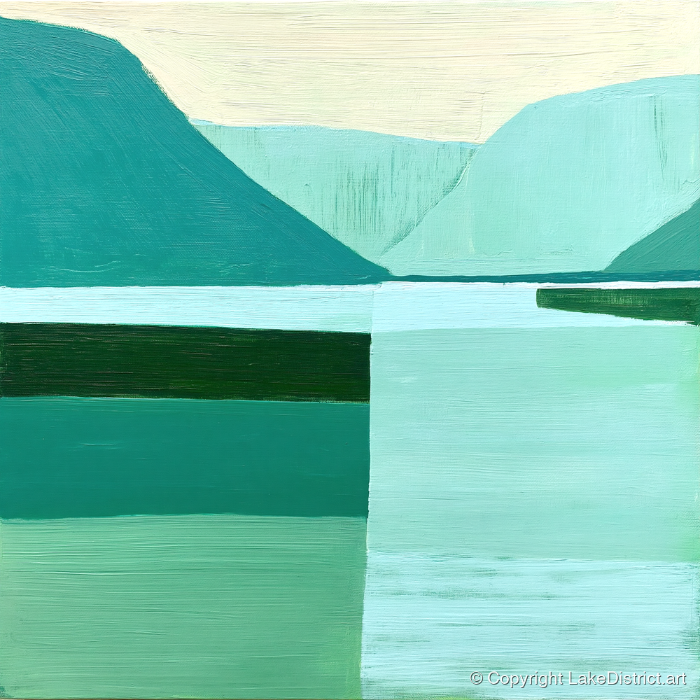 Modern Teal Wastwater Landscape - lake district walking art print and canvas by Sebastian Finch A.I