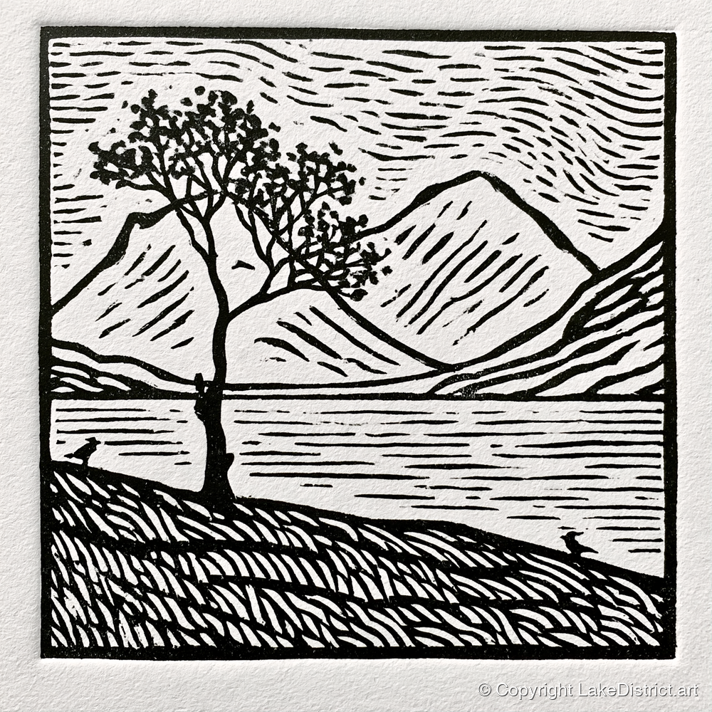 Monochrome Buttermere and Lone Tree - lake district lake art print and canvas by Isaac Denton A.I