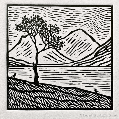 Monochrome Buttermere and Lone Tree - lake district lake art print and canvas by Isaac Denton A.I