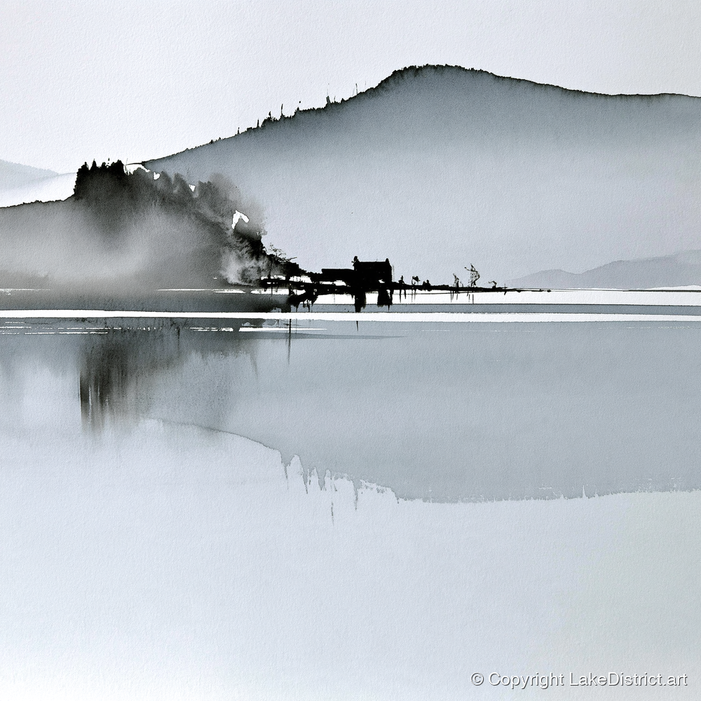 Monochrome Calm Lake Reflections - lake district lake art print and canvas by Adrian Frost A.I