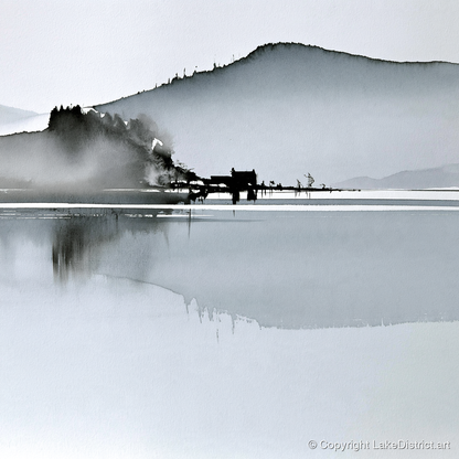 Monochrome Calm Lake Reflections - lake district lake art print and canvas by Adrian Frost A.I