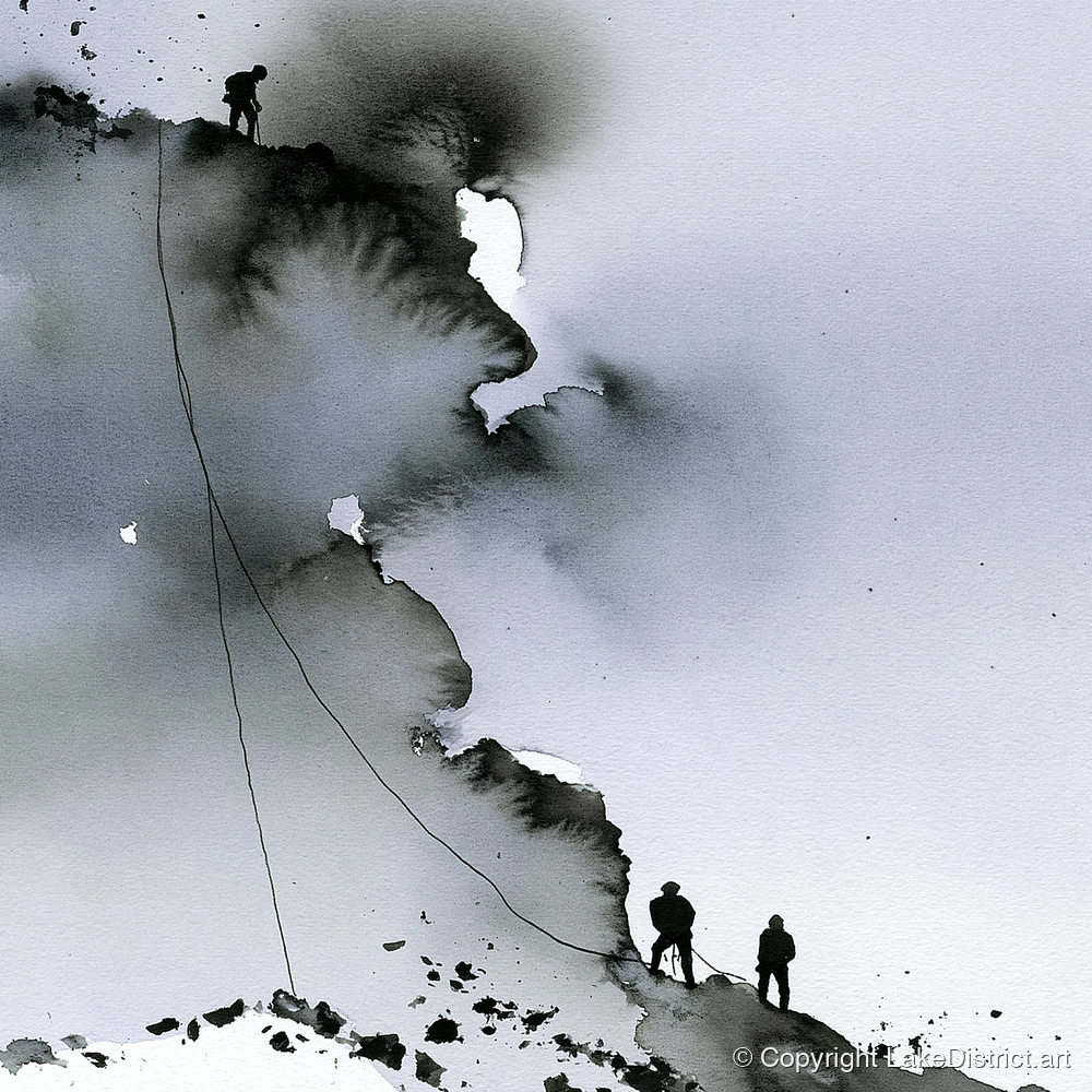 Monochrome Climbers on a Crag - lake district walking art print and canvas by Adrian Frost A.I