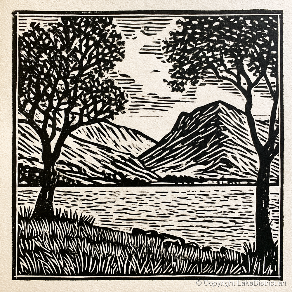 Monochrome Crummock Water Fells - lake district lake art print and canvas by Isaac Denton A.I