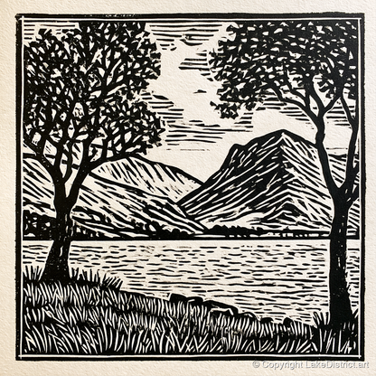 Monochrome Crummock Water Fells - lake district lake art print and canvas by Isaac Denton A.I