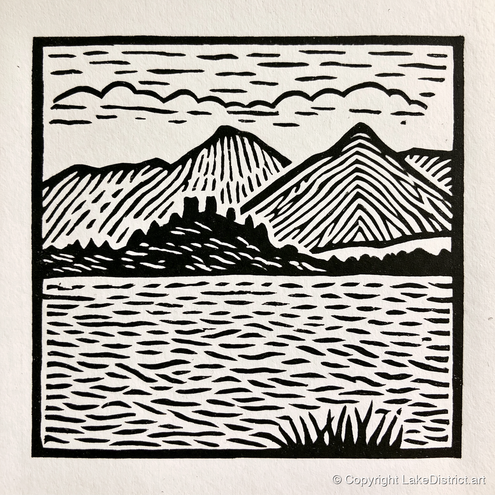 Monochrome Derwentwater Fells - lake district lake art print and canvas by Isaac Denton A.I