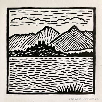 Monochrome Derwentwater Fells - lake district lake art print and canvas by Isaac Denton A.I