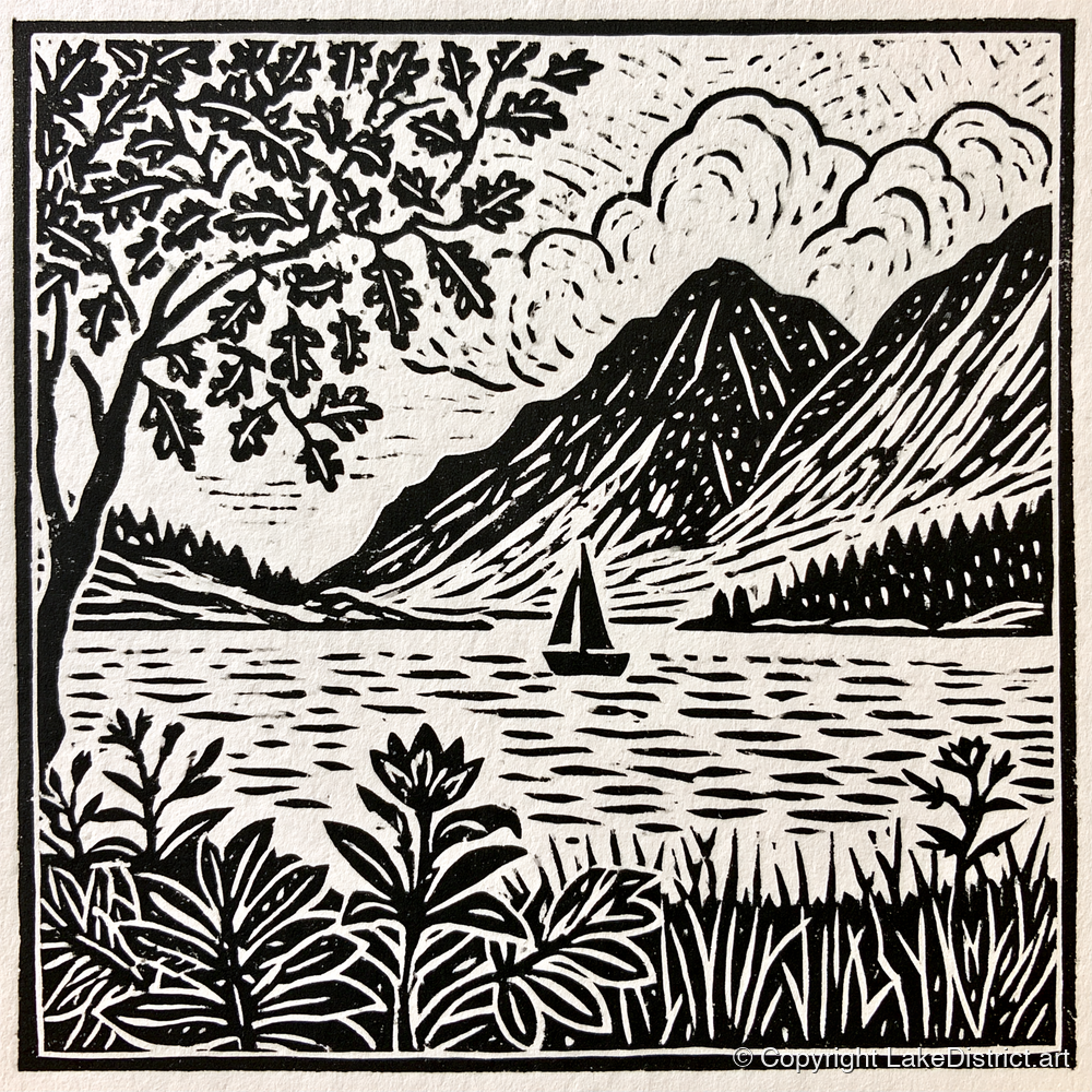 Monochrome Ennerdale Fells and Sailboat - lake district valley art print and canvas by Isaac Denton A.I