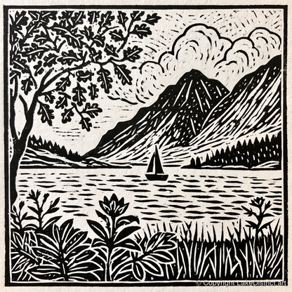 Monochrome Ennerdale Fells and Sailboat - lake district valley art print and canvas by Isaac Denton A.I