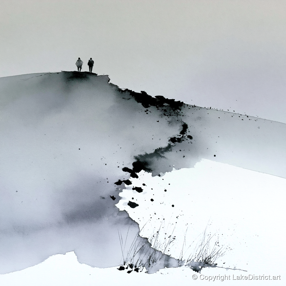 Monochrome Fell Top Hikers - lake district fell art print and canvas by Adrian Frost A.I