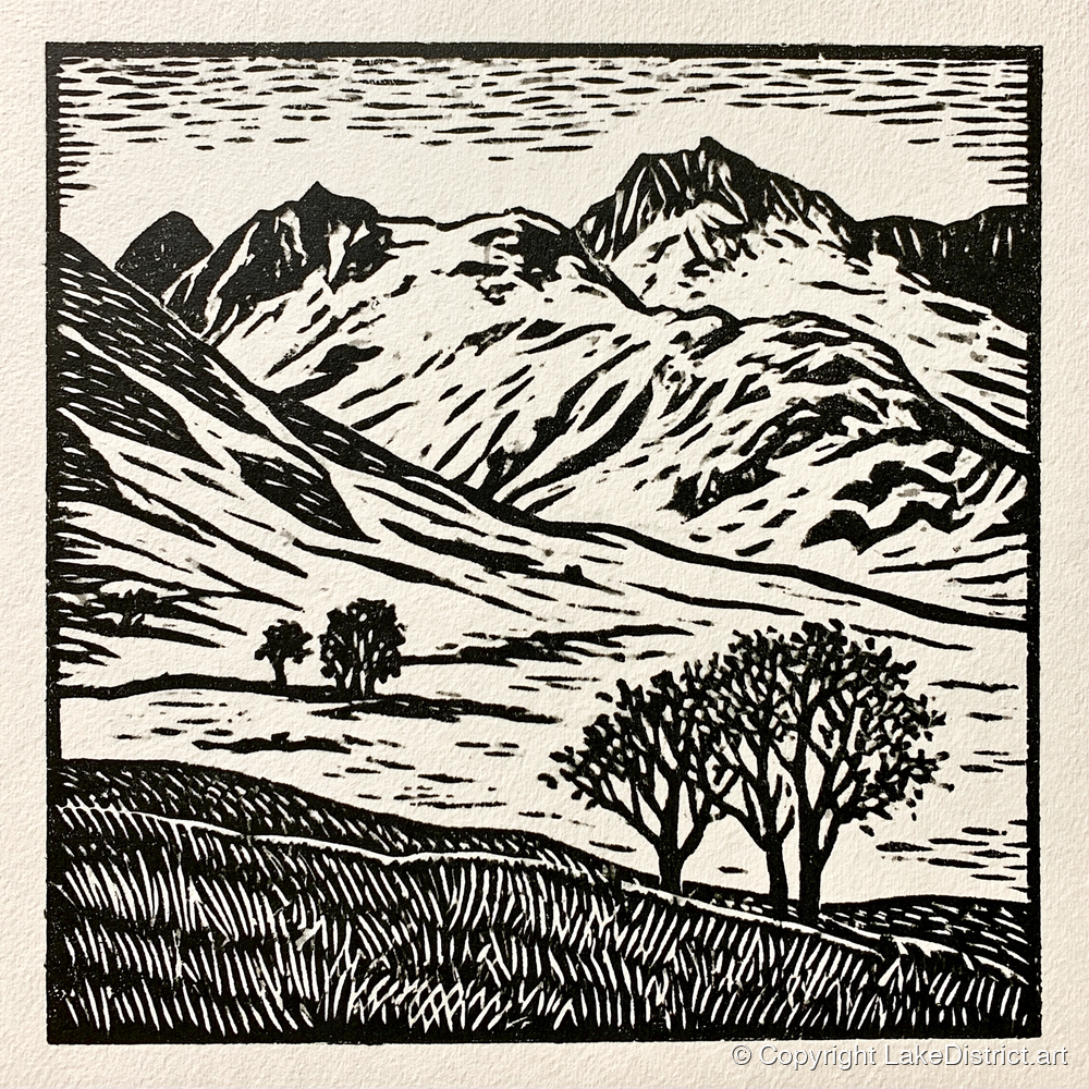 Monochrome Great Langdale Fells - lake district valley art print and canvas by Isaac Denton A.I