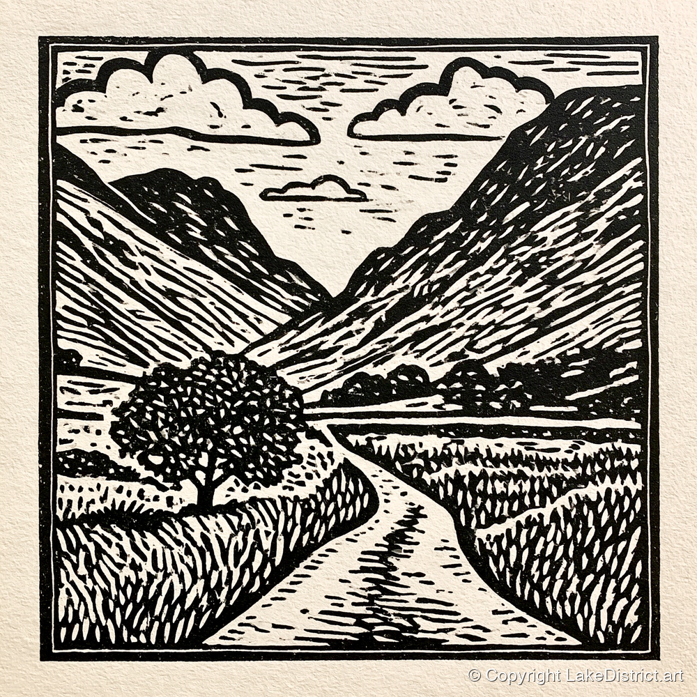 Monochrome Hardknott Pass Landscape - lake district valley art print and canvas by Isaac Denton A.I