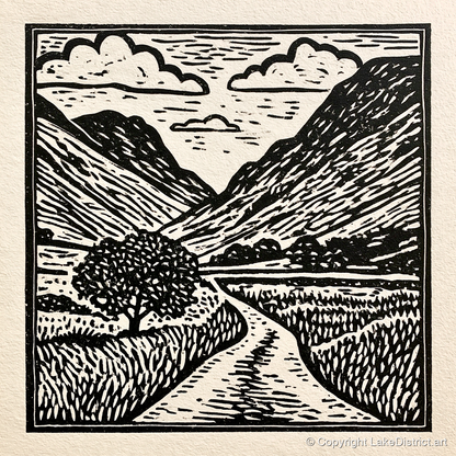 Monochrome Hardknott Pass Landscape - lake district valley art print and canvas by Isaac Denton A.I