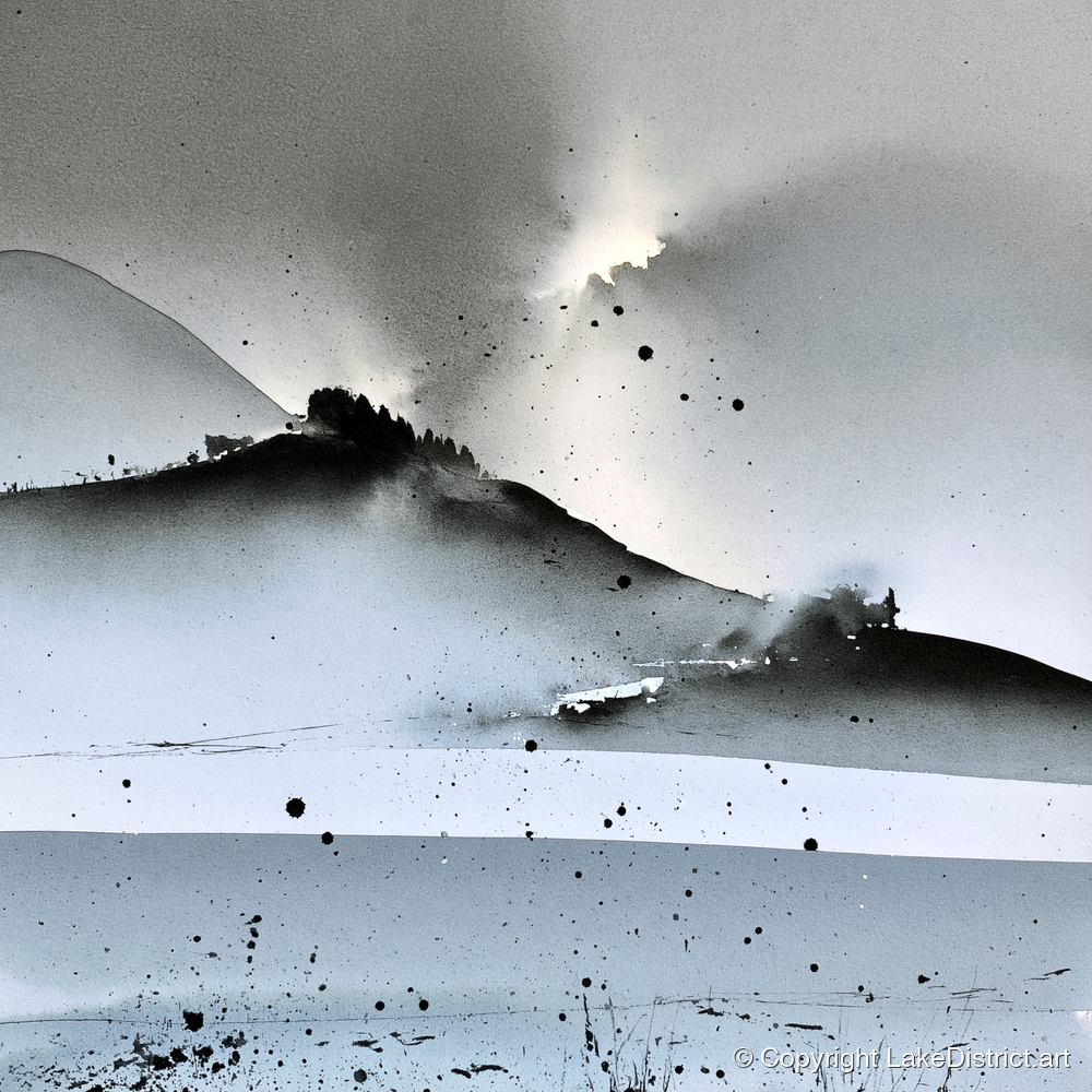 Monochrome Lake District Evening Fells - lake district sky art print and canvas by Adrian Frost A.I