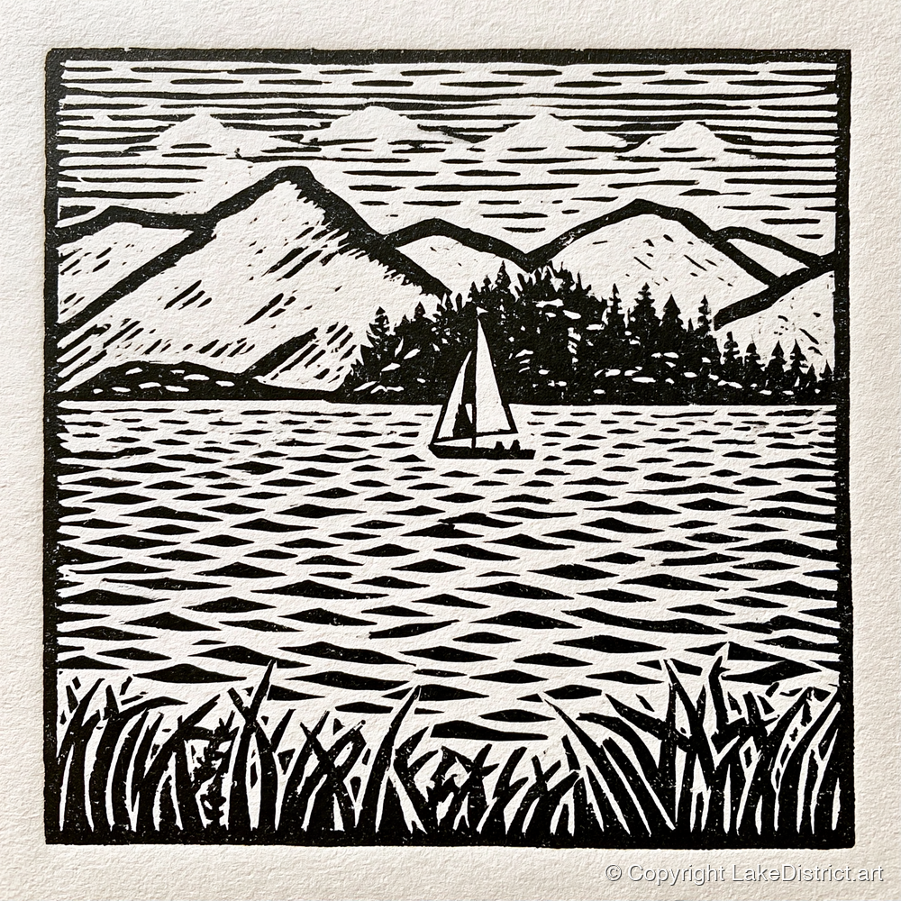 Monochrome Sailboat on Derwentwater - lake district lake art print and canvas by Isaac Denton A.I
