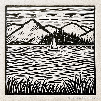 Monochrome Sailboat on Derwentwater - lake district lake art print and canvas by Isaac Denton A.I