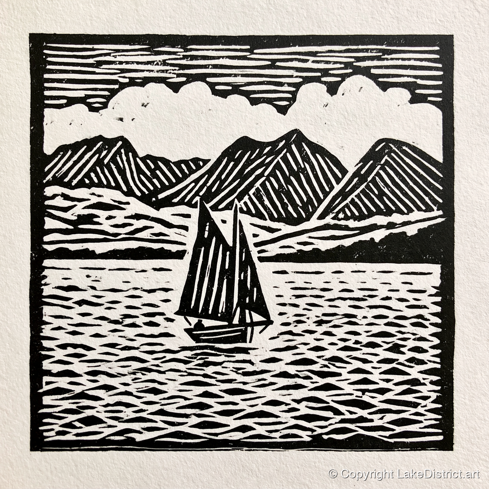 Monochrome Sailing Boat on Windermere - lake district lake art print and canvas by Isaac Denton A.I