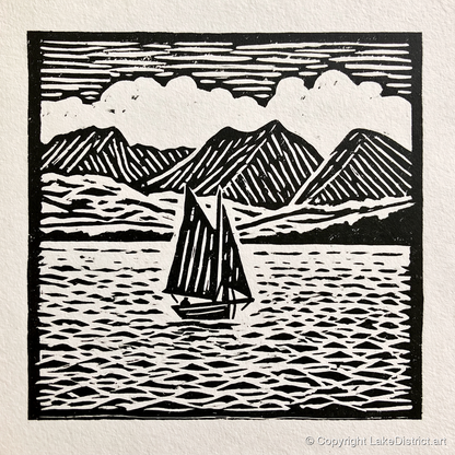 Monochrome Sailing Boat on Windermere - lake district lake art print and canvas by Isaac Denton A.I
