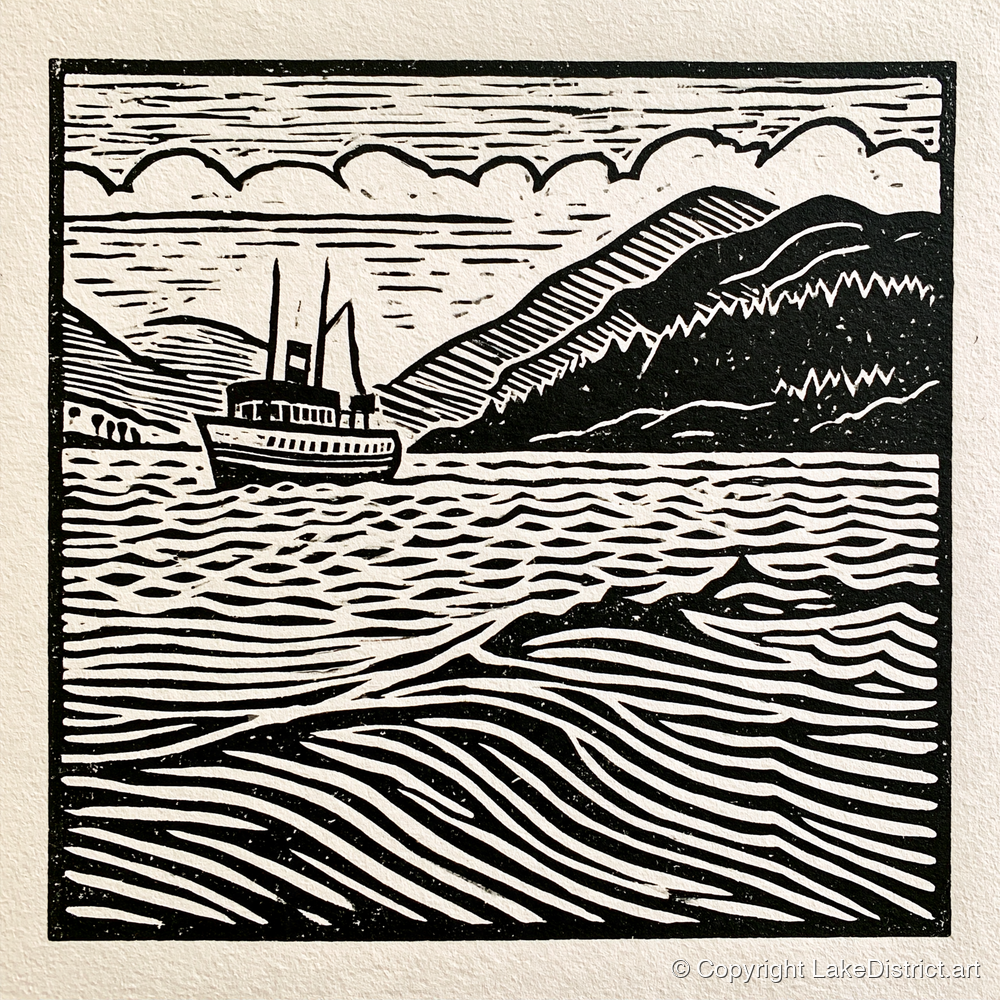 Monochrome Steamer on Ullswater - lake district lake art print and canvas by Isaac Denton A.I