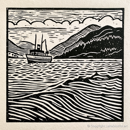 Monochrome Steamer on Ullswater - lake district lake art print and canvas by Isaac Denton A.I