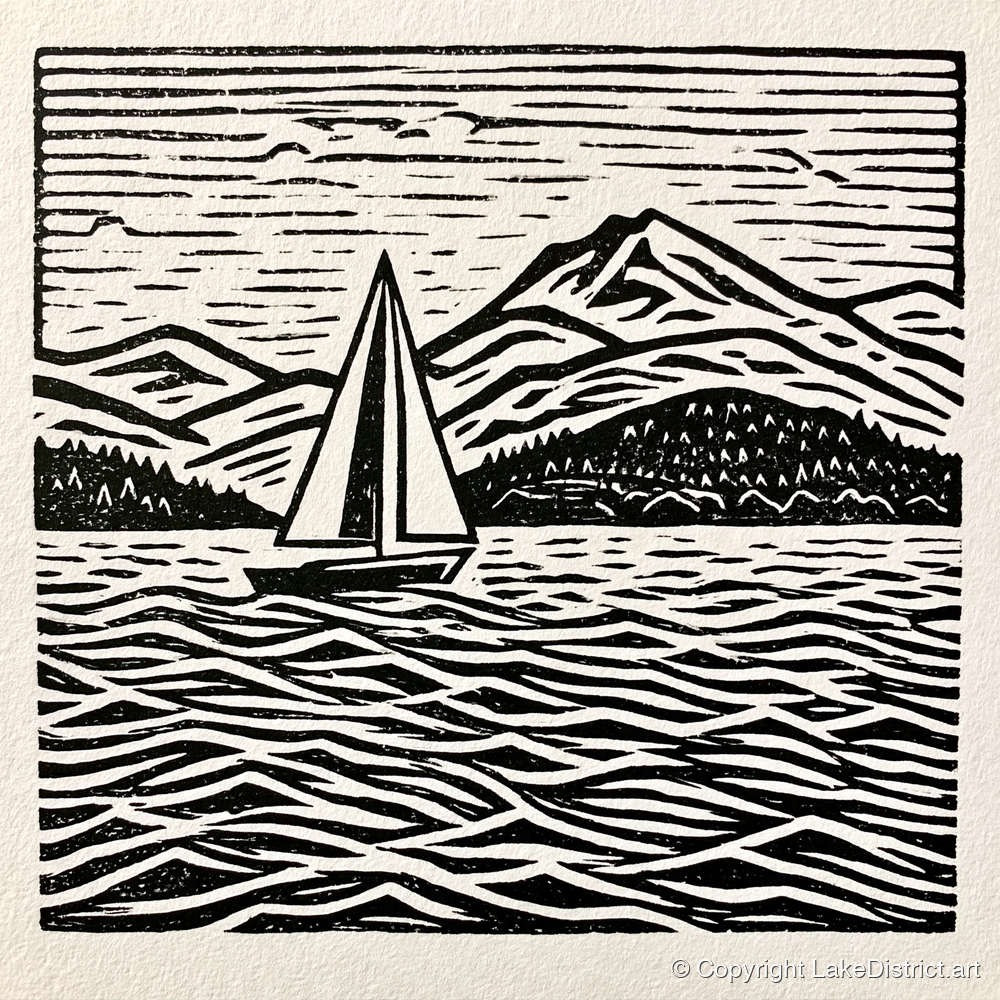 Monochrome Windermere Sailboat and Fells - lake district lake art print and canvas by Isaac Denton A.I