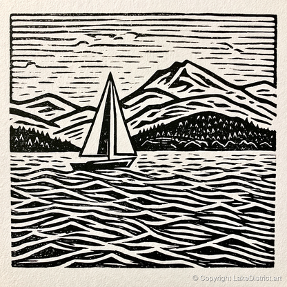 Monochrome Windermere Sailboat and Fells - lake district lake art print and canvas by Isaac Denton A.I