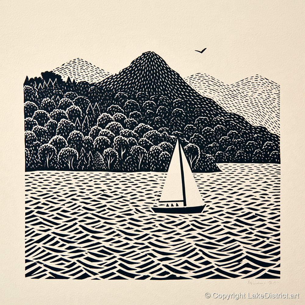 Monochrome Windermere Sailboat - lake district lake art print and canvas by Reuben Shaw A.I