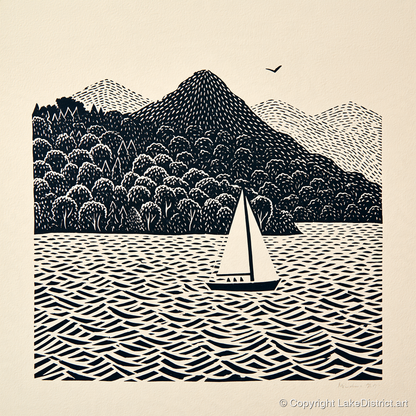 Monochrome Windermere Sailboat - lake district lake art print and canvas by Reuben Shaw A.I