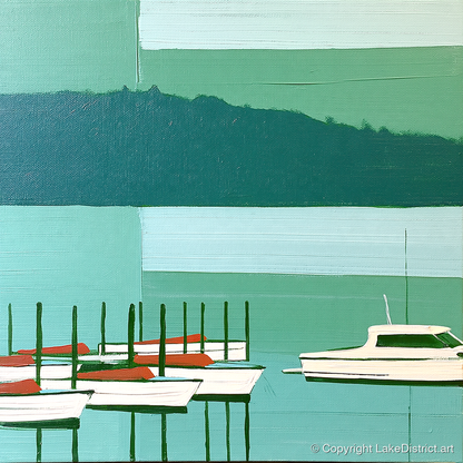 Moored Boats on a Teal Windermere - lake district lake art print and canvas by Sebastian Finch A.I