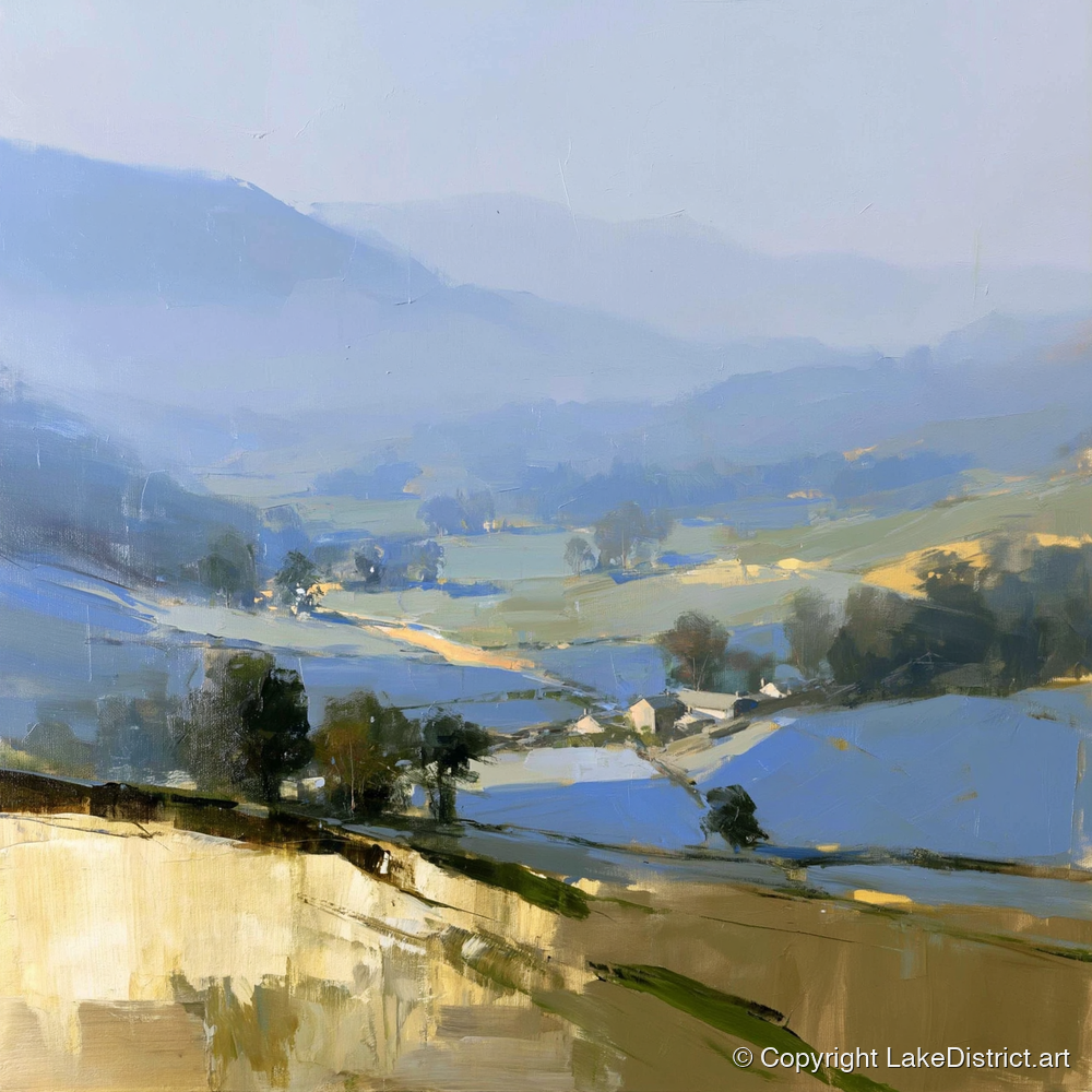Morning Light on Misty Valley - lake district sky art print and canvas by Elias Thorne A.I