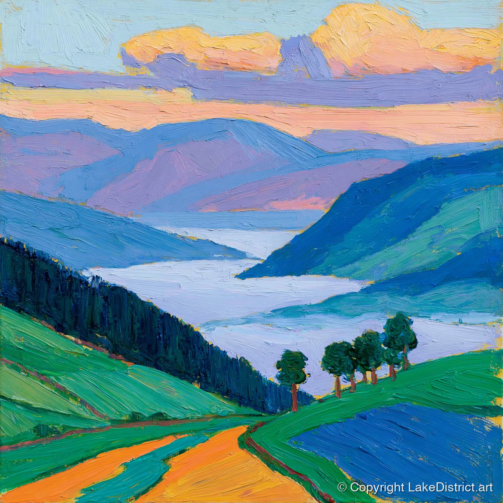 Morning Mist Over Vibrant Valley - lake district sky art print and canvas by Marshall Davies A.I