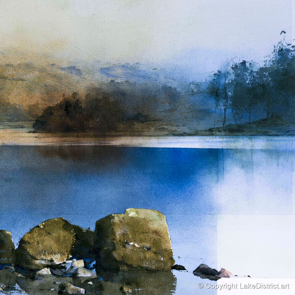 Mossy Boulders of Rydal Water - lake district lake art print and canvas by Nathaniel Ward A.I