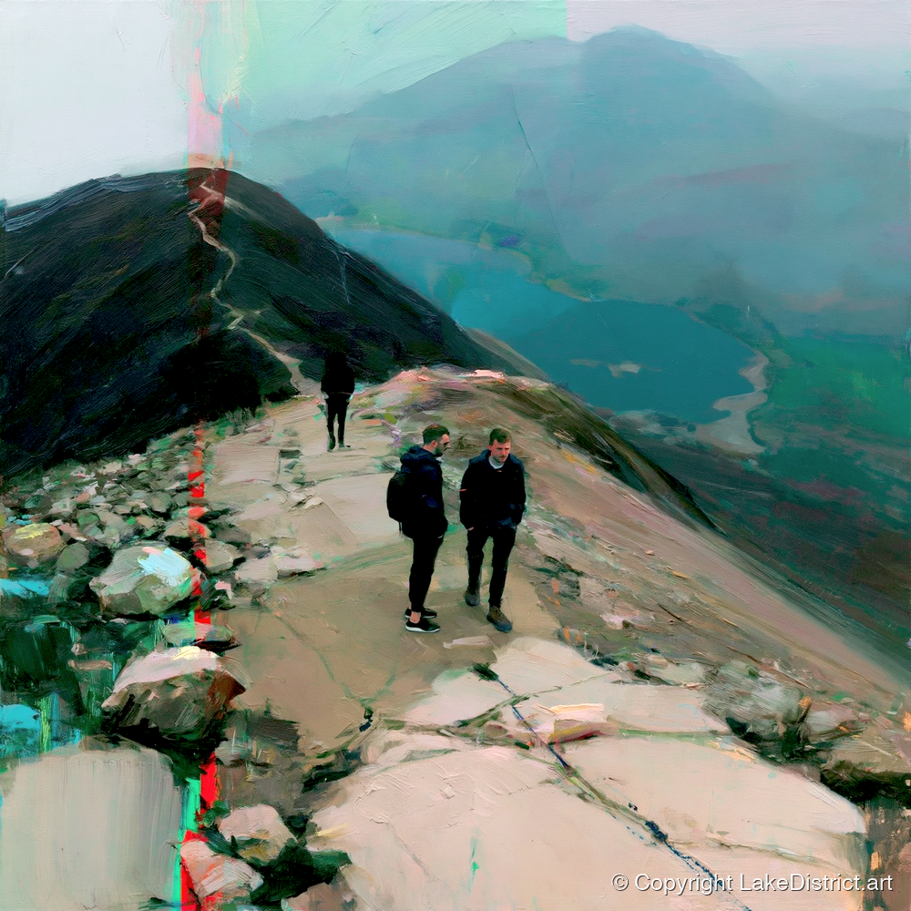 Mountain Hikers on Misty Ridge - lake district fell art print and canvas by Quentin Hart A.I