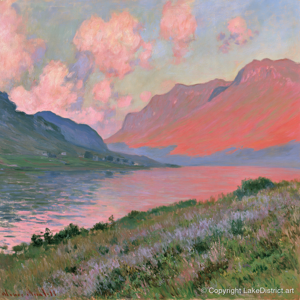 Mountain Lake in Pink Sunset - lake district lake art print and canvas by Clara Sterling A.I