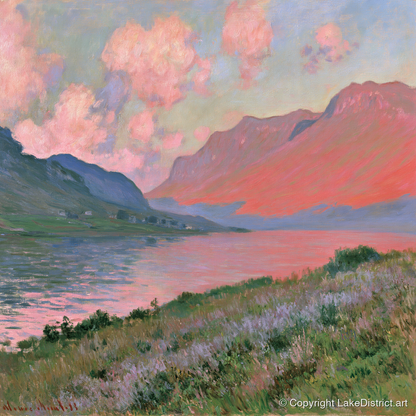Mountain Lake in Pink Sunset - lake district lake art print and canvas by Clara Sterling A.I