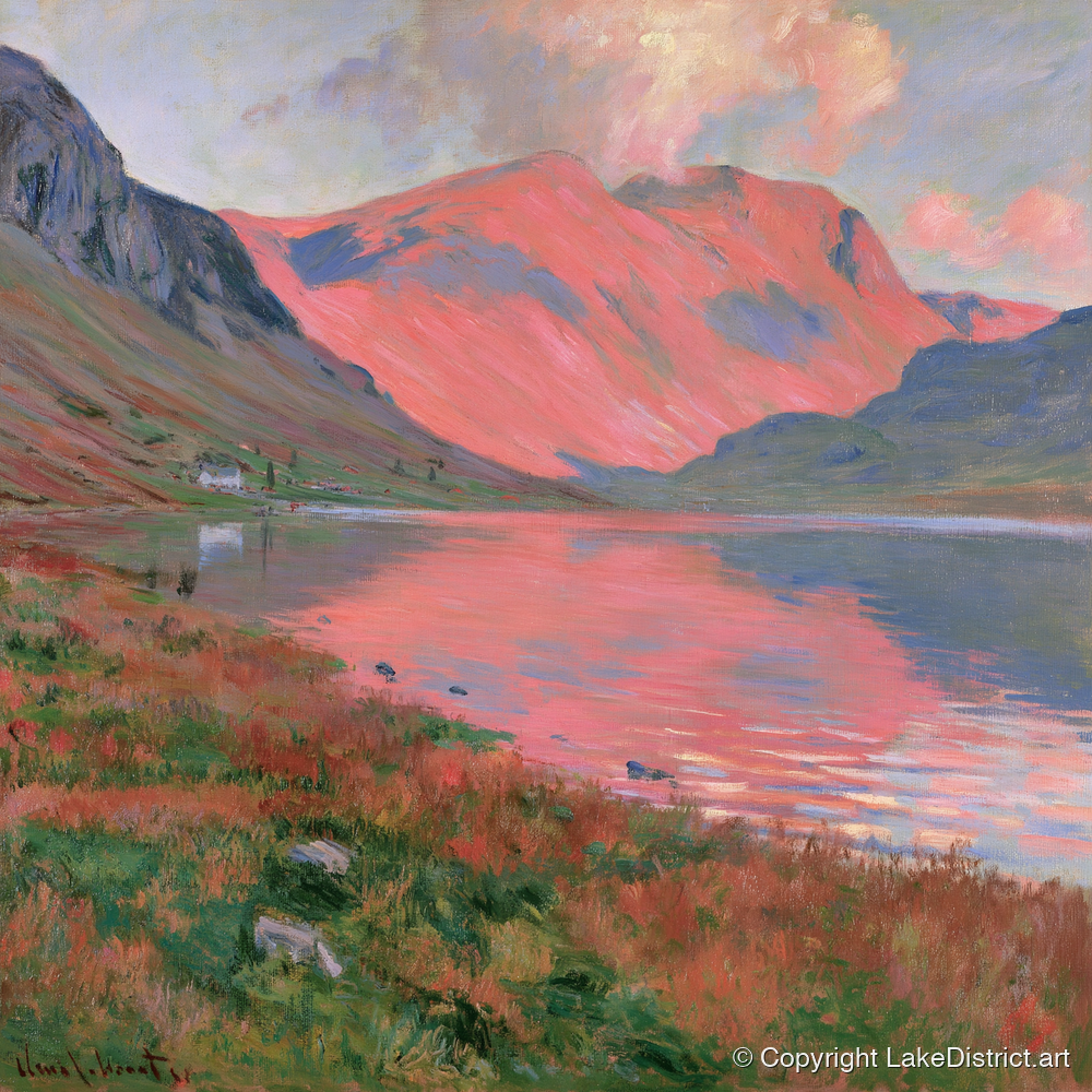 Mountain Lake with Pink Sunset - lake district lake art print and canvas by Clara Sterling A.I