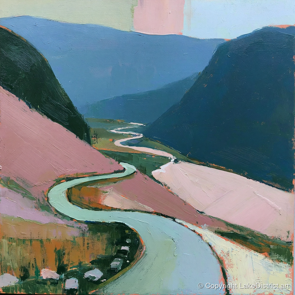 Mountain Pass in Blush and Teal - lake district valley art print and canvas by Diana Sutherland A.I
