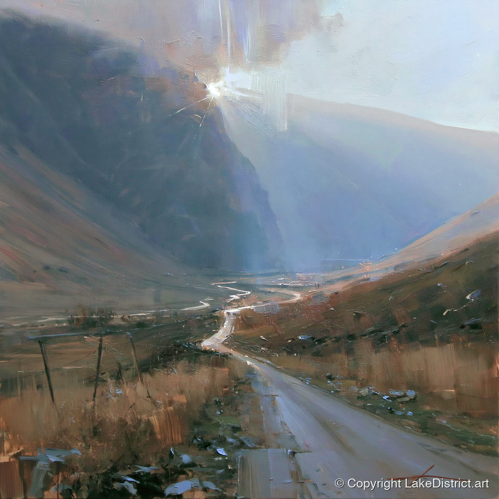 Mountain Pass in Breaking Light - lake district valley art print and canvas by Marcus Dalton A.I