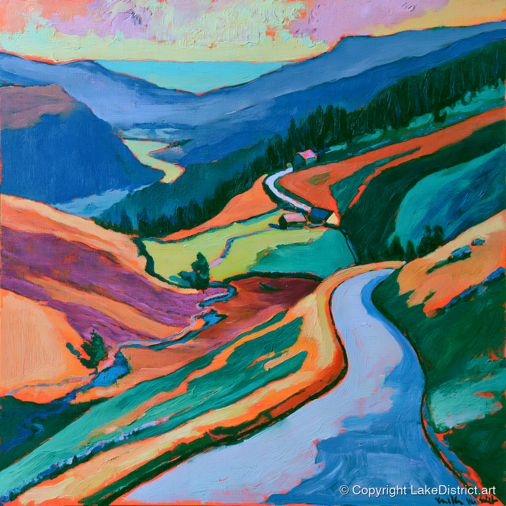 Mountain Pass Road in Vibrant Hues - lake district valley art print and canvas by Gideon Wright A.I