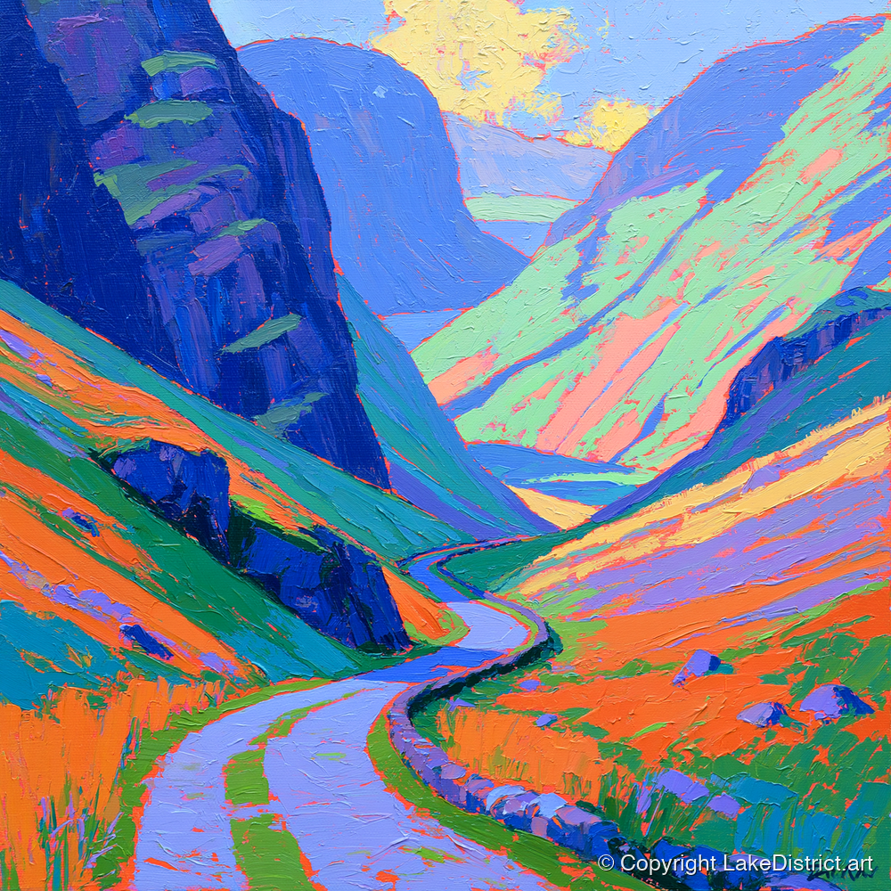 Mountain Pass With Violet Crags - lake district valley art print and canvas by Jonathan Crawford A.I
