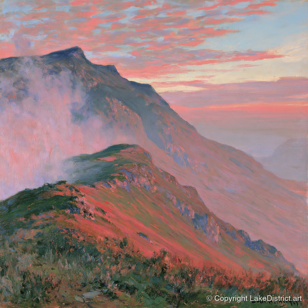 Mountain Ridge in Coral Mist - lake district fell art print and canvas by Clara Sterling A.I