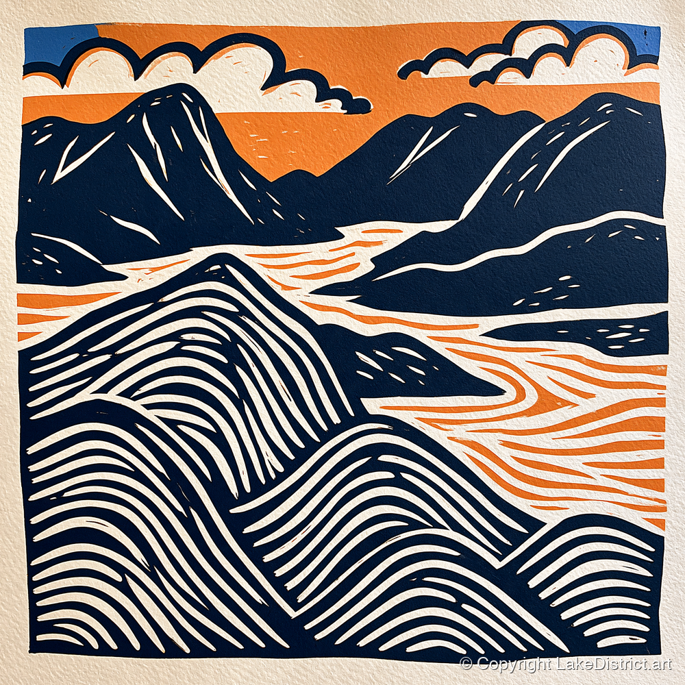 Mountain Summit in Navy and Orange - lake district fell art print and canvas by Leon Baxter A.I