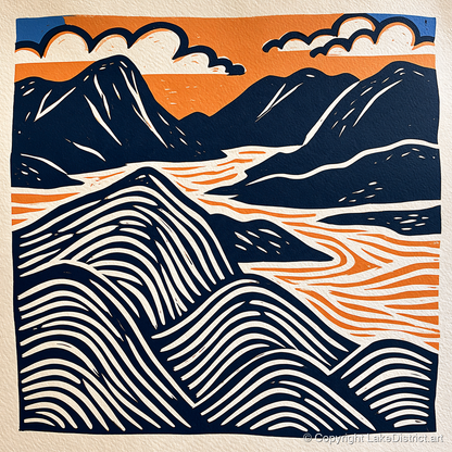 Mountain Summit in Navy and Orange - lake district fell art print and canvas by Leon Baxter A.I