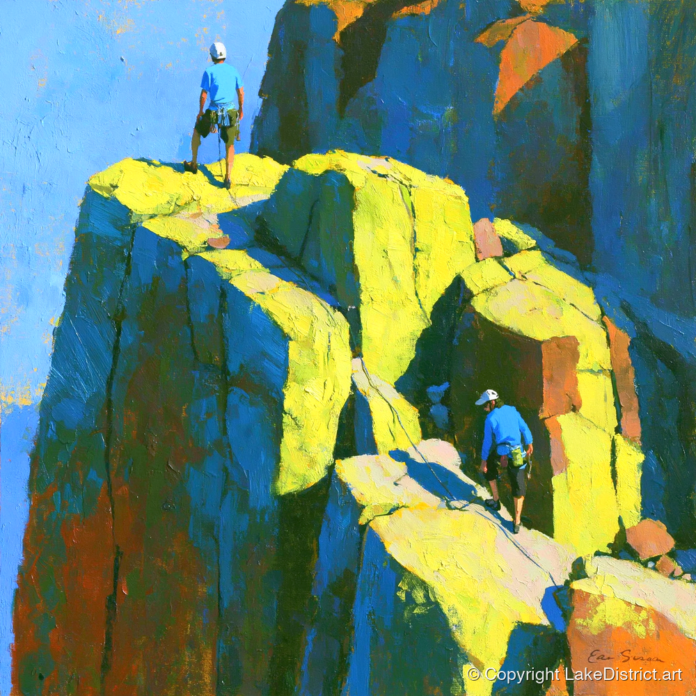 Mountaineers on a Sunlit Crag Pinnacle - lake district walking art print and canvas by Daphne Morley A.I