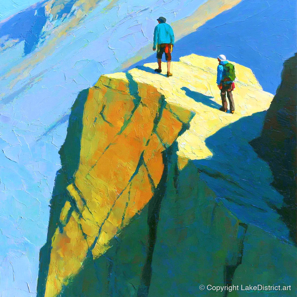 Mountaineers on Sunlit High Crags - lake district walking art print and canvas by Daphne Morley A.I