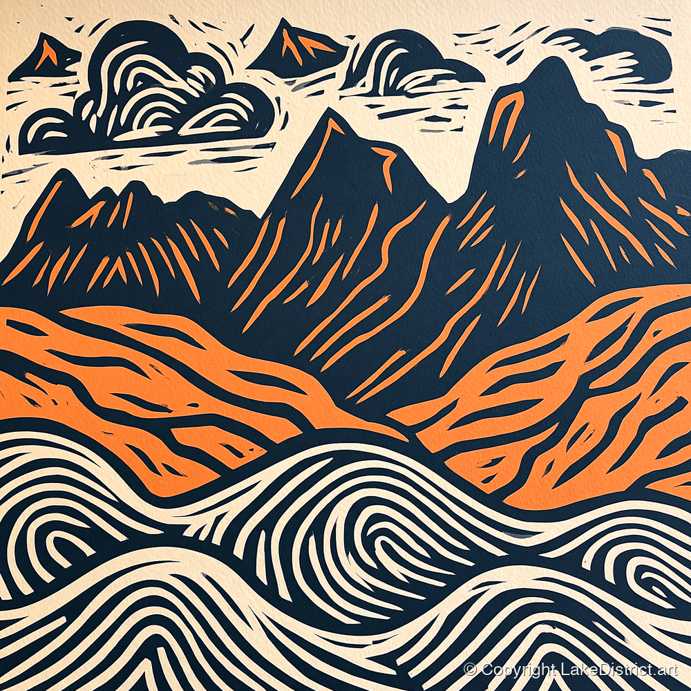 Navy and Orange Langdale Pikes - lake district fell art print and canvas by Leon Baxter A.I