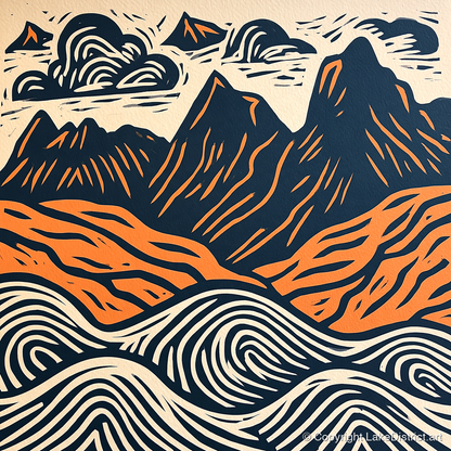 Navy and Orange Langdale Pikes - lake district fell art print and canvas by Leon Baxter A.I