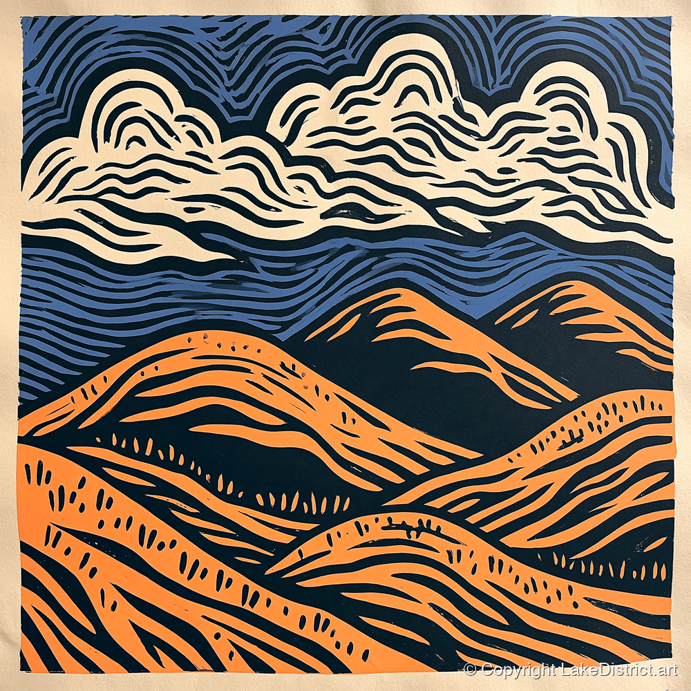 Navy and Orange Rolling Fells - lake district fell art print and canvas by Leon Baxter A.I
