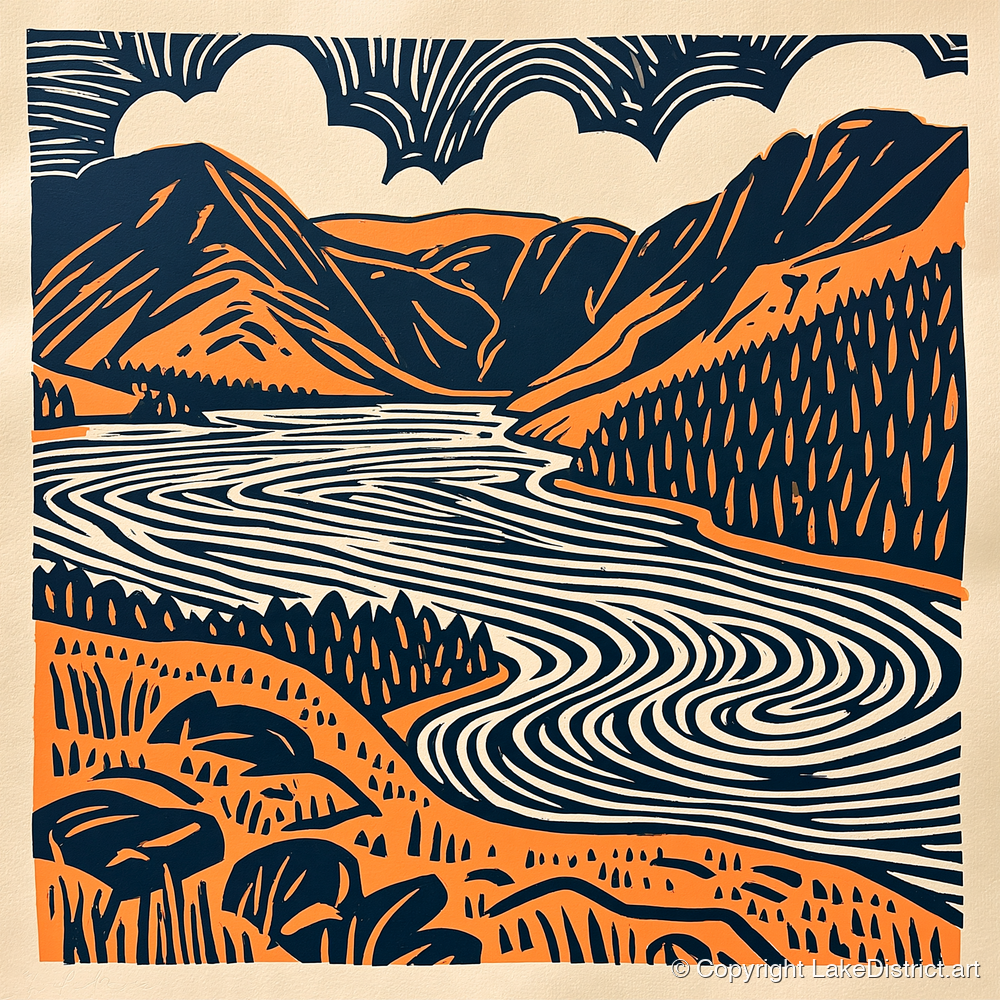 Navy and Terracotta Crummock Water - lake district lake art print and canvas by Leon Baxter A.I