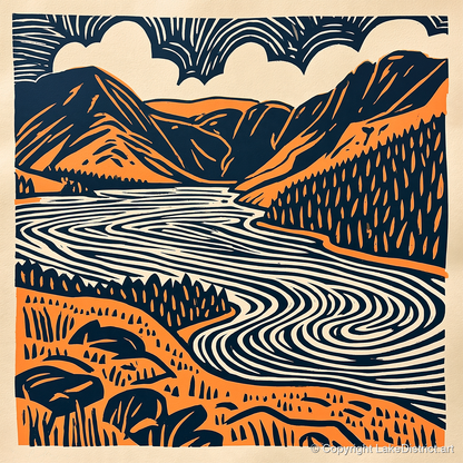 Navy and Terracotta Crummock Water - lake district lake art print and canvas by Leon Baxter A.I