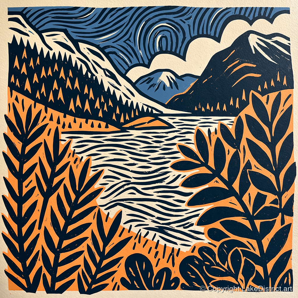 Navy and Terracotta Lake Dawn - lake district lake art print and canvas by Leon Baxter A.I